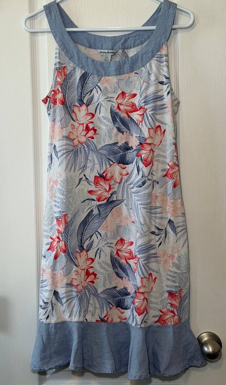 Tommy Bahama Linen Chambray Tropical Floral Ruffle Hem Sleeveless Dress S/P
